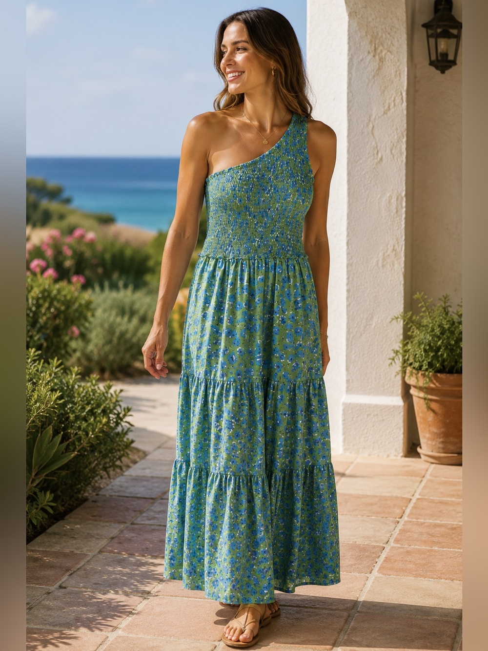 One Shoulder Smocked Floral Maxi Dress Green Blue Tiered Boho, Feminine, Resort